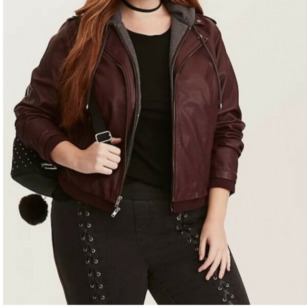 Torrid Burgundy Faux Leather Moto Jacket with Grey Hooded Insert Size 2 Plus